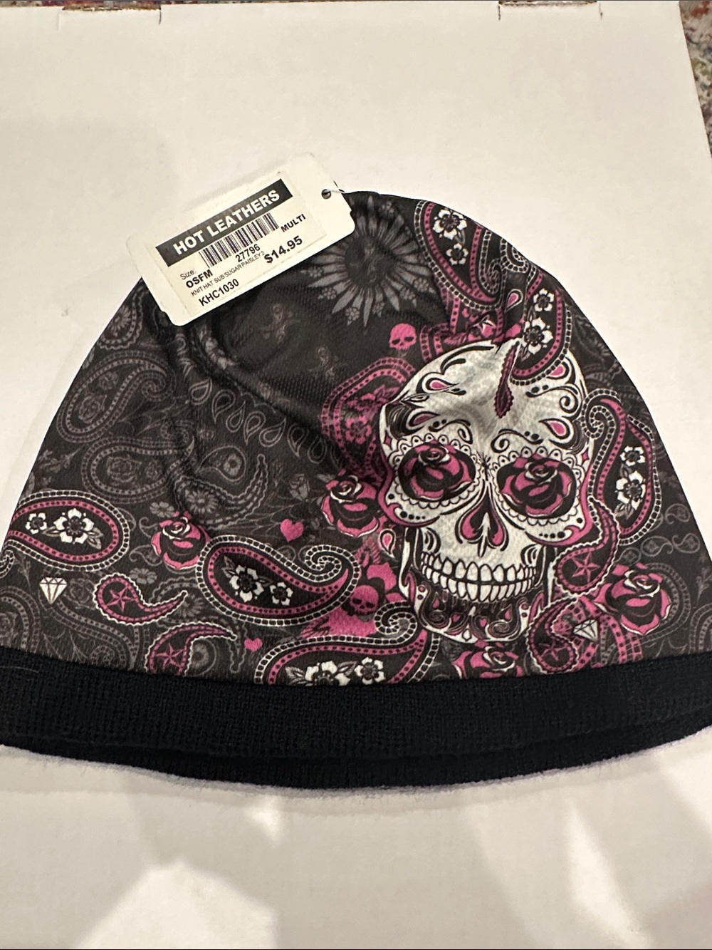 Skull Paisley Beanie Hat in Black & Pink